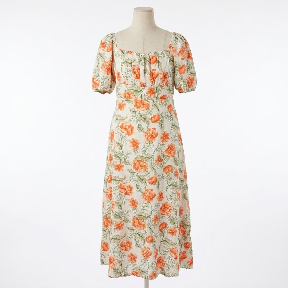Joie Size 12 Floral Linen Blend Puff Sleeve Square Neck Midi Dress Cottagecore